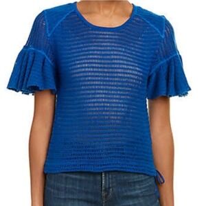 Free People Babes Only Open‎ Knit Ruffle Short Sleeve Sweater Blue Size SMALL